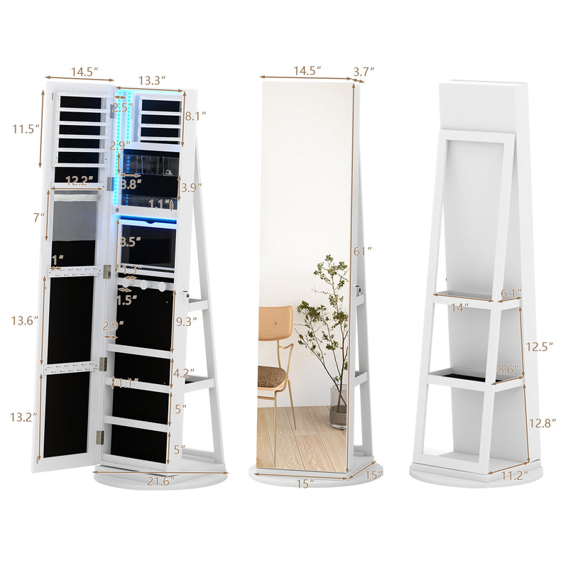 Furniwell 360° Rotating Lockable Full-Length Mirror Jewelry Armoire with LED Lights
