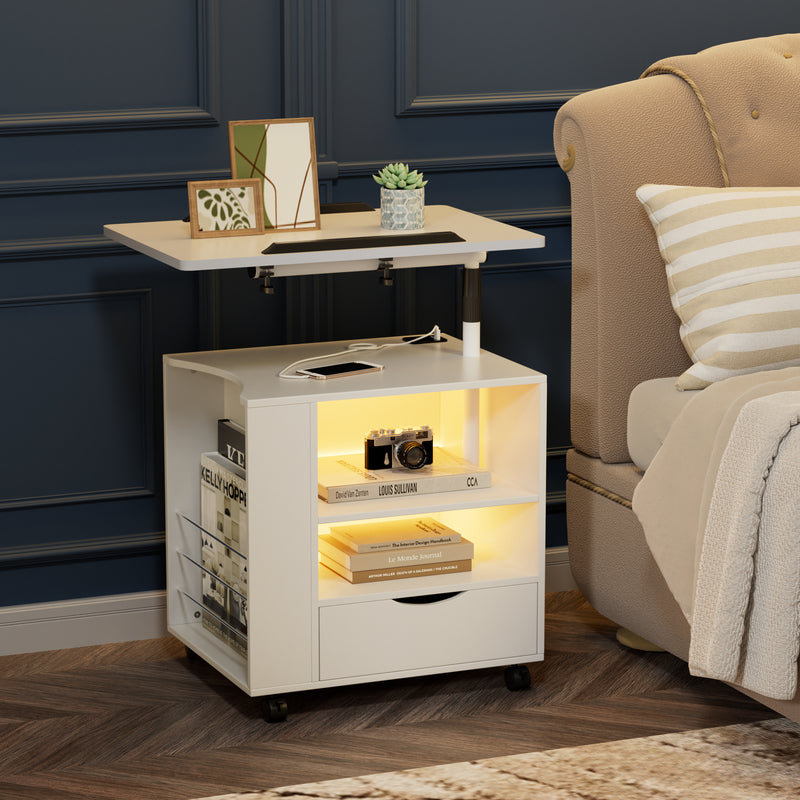 Furniwell Adjustable LED Nightstand with 2 USB Charging Ports and 4 Removable Wheels, Two Shelves and One Drawer