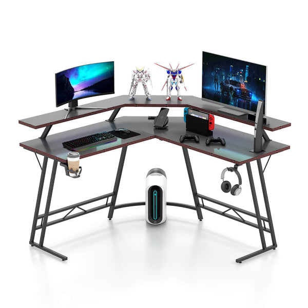 Furniwell L-Shaped Gaming Desk with Led Lights and Power Strip, Carbon Fiber Surface with Monitor Stand, Cup Holder and Headphone Hook