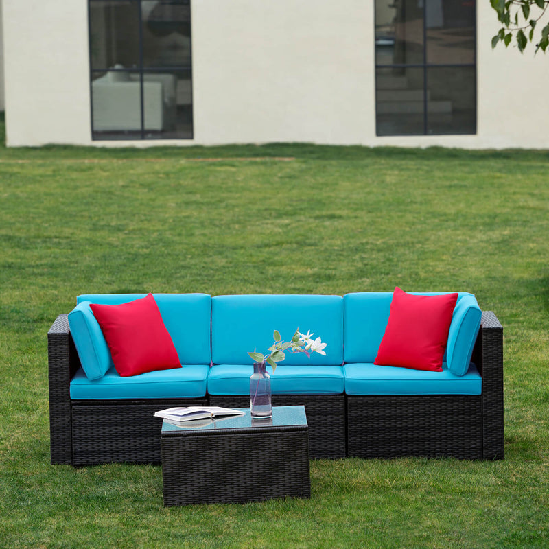 Furniwell 4 Pieces Outdoor Furniture Sectional Patio Sofa Set Modern Ratten Wicker Conversation Sets with Cushions and Glass Table