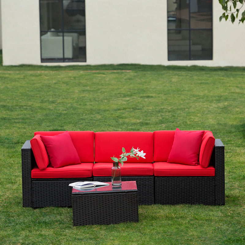 Furniwell 4 Pieces Outdoor Furniture Sectional Patio Sofa Set Modern Ratten Wicker Conversation Sets with Cushions and Glass Table