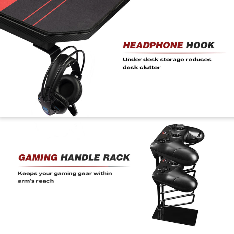Furniwell 55 Inch T-Shaped Legs Computer Gaming Desk Carbon Fiber Surface Gaming Desk With Cup Holder & Headphone Hook
