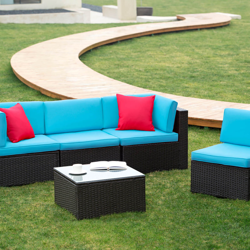 Furniwell 5 Pieces Patio Furniture Set All-weather Outdoor Sectional Couch Rattan Garden Small Patio Conversation Set with Glass Table
