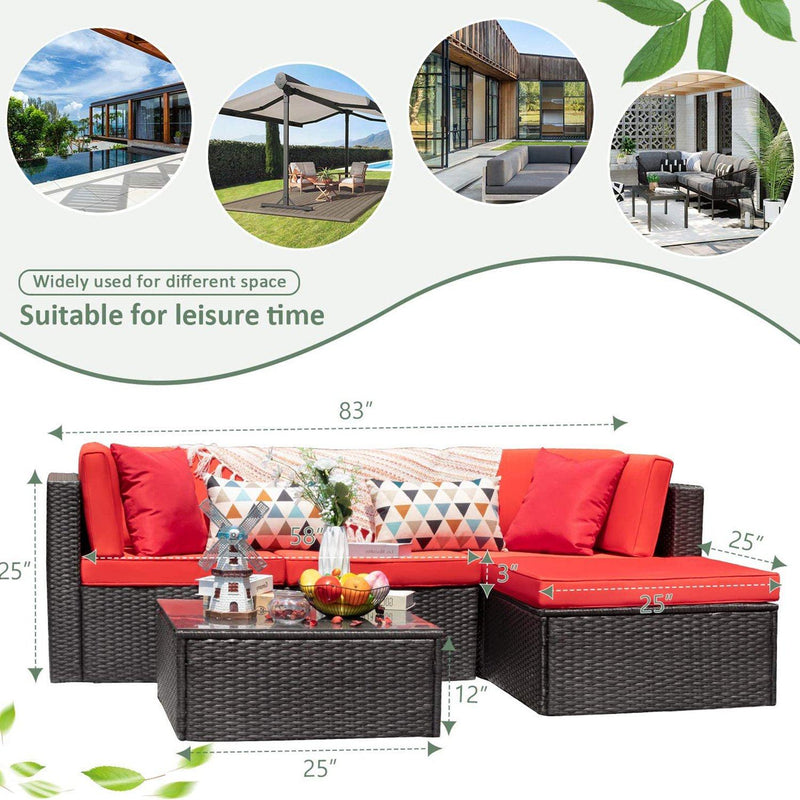 Furniwell 5 Pieces Patio Furniture Set All-weather Outdoor Sectional Couch Rattan Garden Small Patio Conversation Set with Glass Table