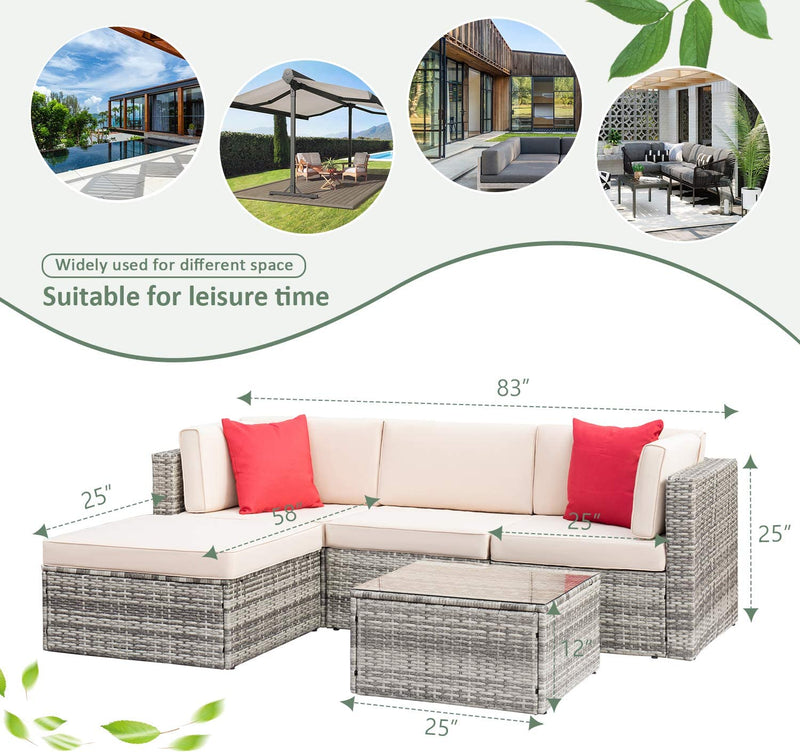 Furniwell 5 Pieces Patio Furniture Sets Outdoor Sectional Sofa Manual Weaving Rattan Wicker Patio Conversation Set with Cushion and Glass Table, Grey