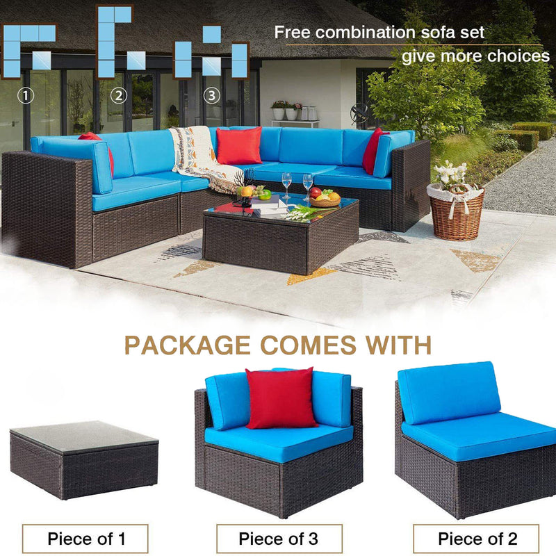 Furniwell 6 Pieces Patio Furniture Sets Outdoor Sectional Sofa All Weather PE Rattan Patio Conversation Set with Cushions and Glass Table
