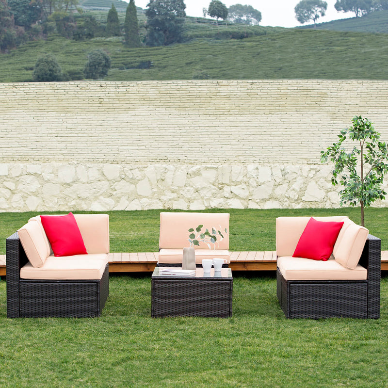 Furniwell 6 Pieces Outdoor Sectional Rattan Sofa All-Weather Manual Weaving Wicker Patio Conversation Set with Glass Table and Cushion