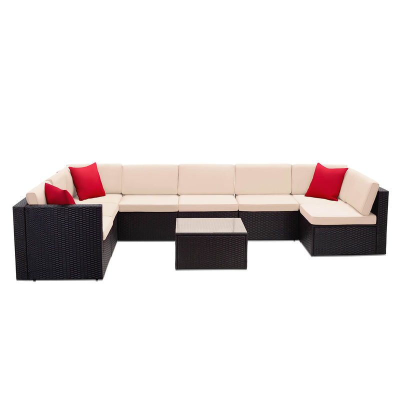 Furniwell 9 Pieces Outdoor Sectional Sofa, PE Rattan Sectional Sets Outside Conversation Set with Cushions and Table