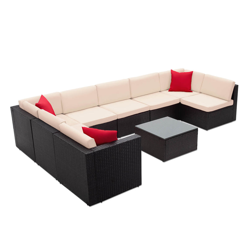 Furniwell 9 Pieces Outdoor Sectional Sofa, PE Rattan Sectional Sets Outside Conversation Set with Cushions and Table