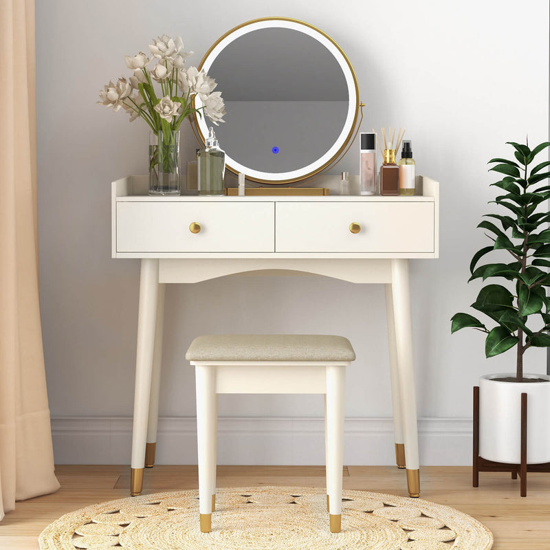 Furniwell LED Lights Mirror Makeup Vanity Set, Eco-Friendly Marbling Pattern Table and Fabric Chair Set