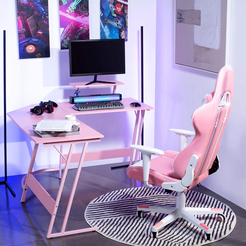 pink l-shaped gaming desk and chair
