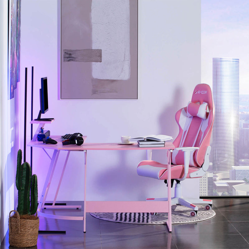 pink l-shaped gaming pc desk and chair