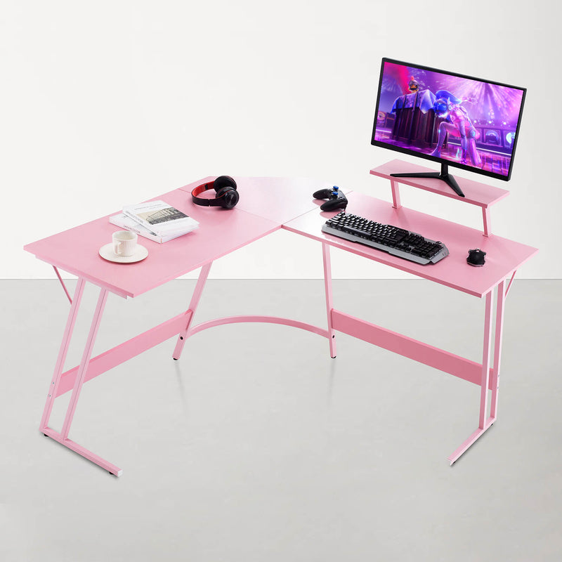 pink l shaped gaming computer desk