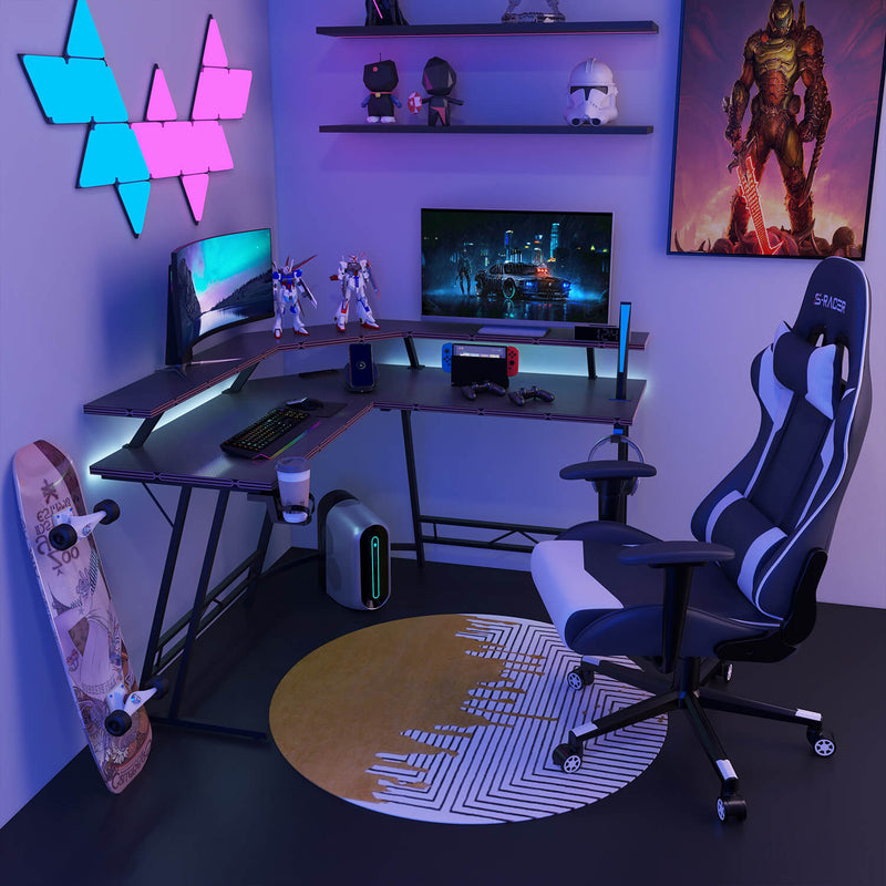 Furniwell L-Shaped Gaming Desk with Led Lights and Power Strip, Carbon Fiber Surface with Monitor Stand, Cup Holder and Headphone Hook